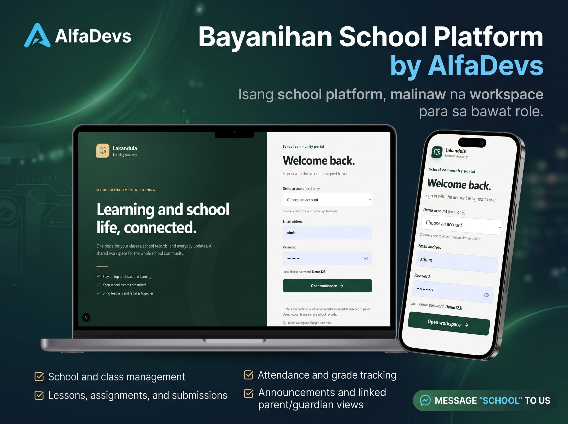 Bayanihan School Platform overview with desktop and mobile workspaces